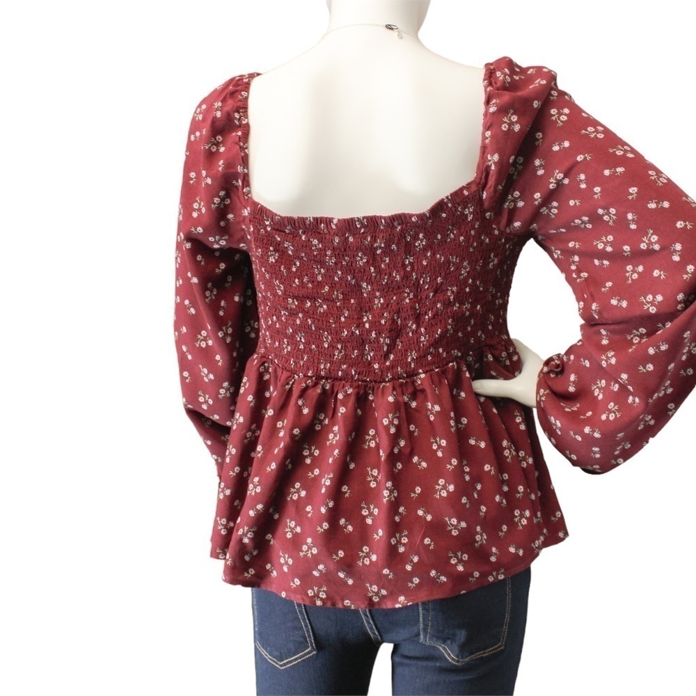 NEW! Aeropostale Women’s Long Sleeve Maroon Ditsy Floral Peasant Blouse Size L - Picture 4 of 9